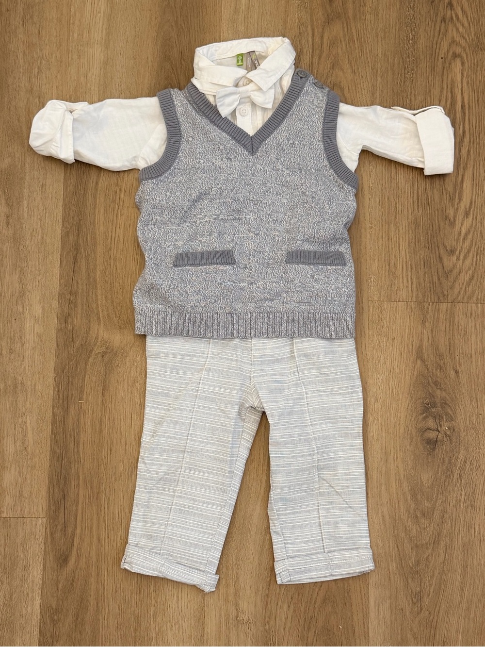 Orchestra Boy Light Gray Sweater Vest Outfit with White Shirt & Striped Pants